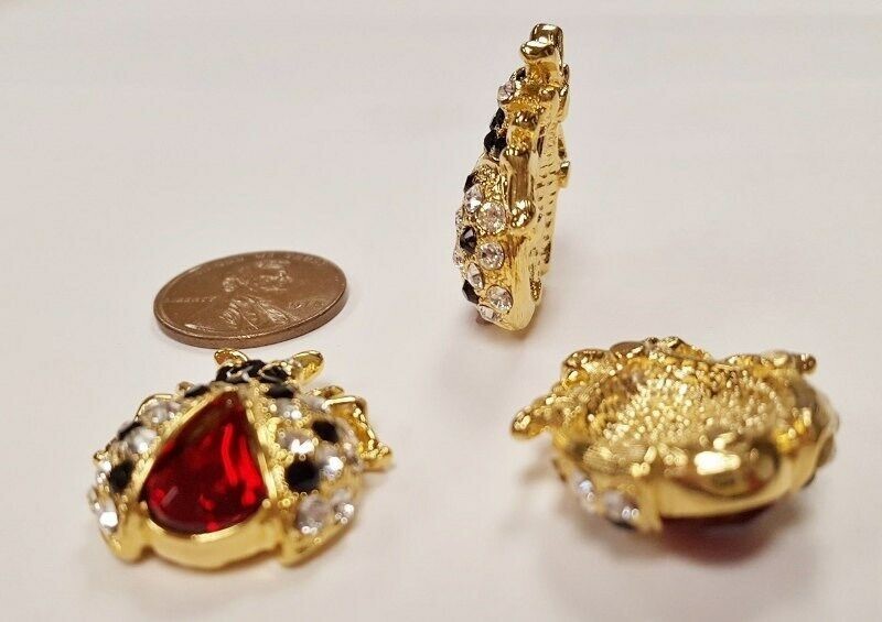 1 Retro Crystal Ruby Jet Rhinestone Ladybug Gold 26x23mm. Cabochon Finding E210