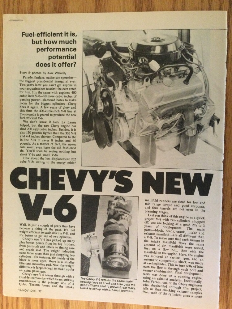 ENG286 Article Engine Chevy 's NEW V-6 How much performance potential? 12/1977 4