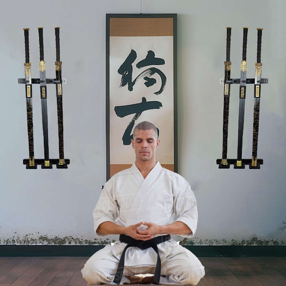 Vertical Katana Wall Mount Holder, Adjustable Samurai Sword Wall Hanger, Bamb...