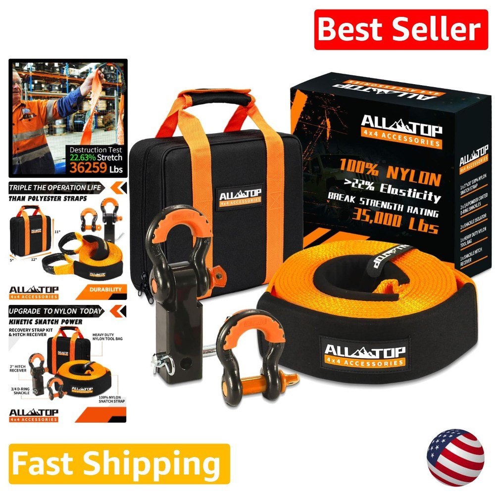 Durable Nylon Recovery Kit 35000lb Snatch Strap + Rustproof Hitch Receiver