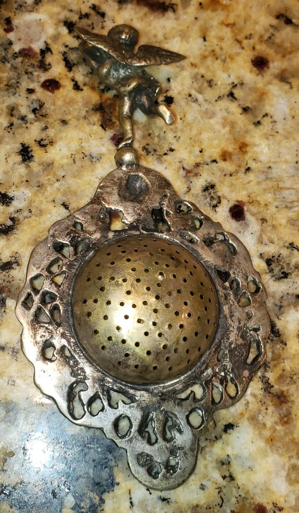 Ornate Antique Tea Strainer - Etched - Unknown Origin - see pics Cherub handle