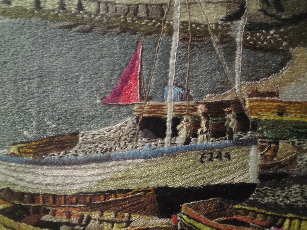 Framed Embroidery Needlework / Wool-work Picture - Beer Harbour, Seaton Devon