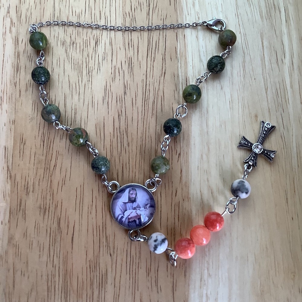 Car Rosary, Rearview Mirror Hanging Accessory, Handmade, Green & Red Stone Beads