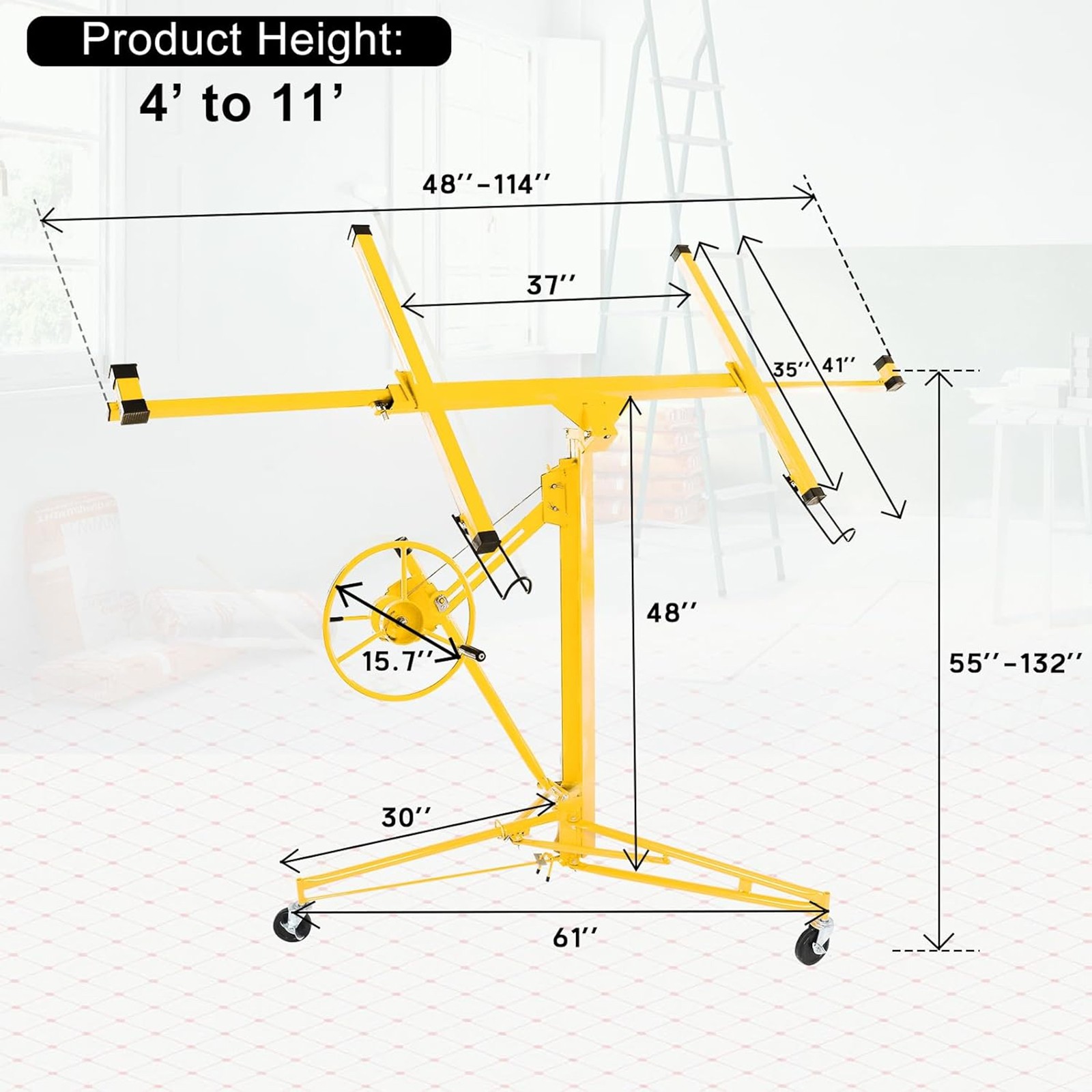 11FT 150lbs Drywall Lift Panel Hoist Plasterboard Sheetrock Jack Lift Rolling