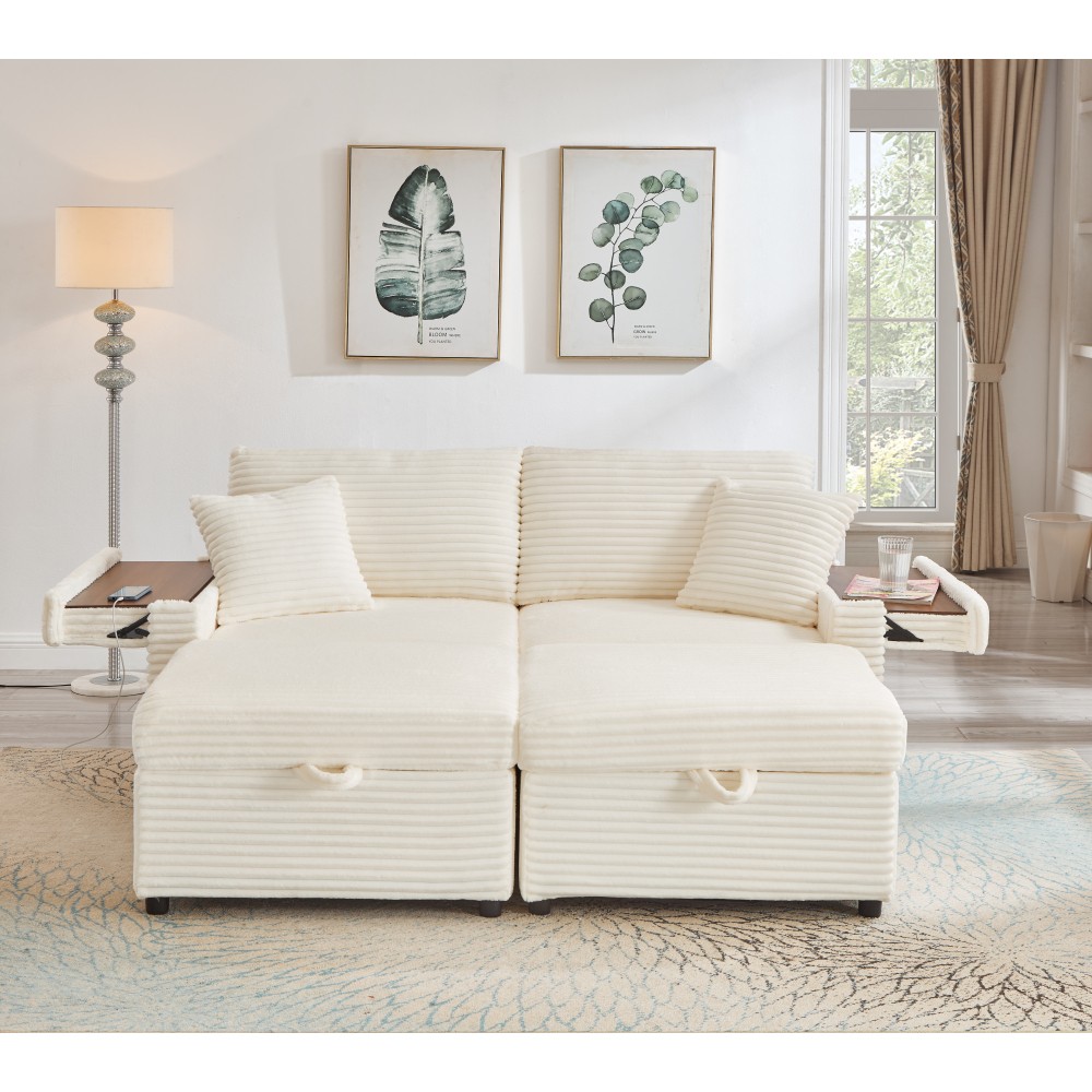 Soft Corduroy Storage Sofa w/ Ottomans & Table Board, White