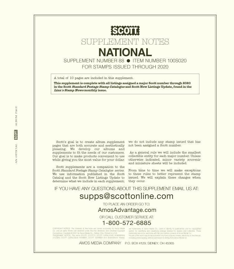 New 2020 Scott Stamp Album Supplement Pages National Free US Shipping Number 88