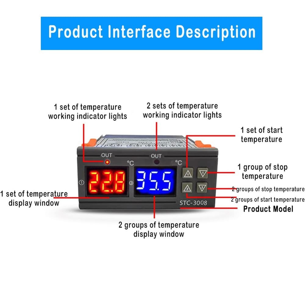 Temperature Thermostat Controller, -3008 Digital Display Probe Sensor for Far...