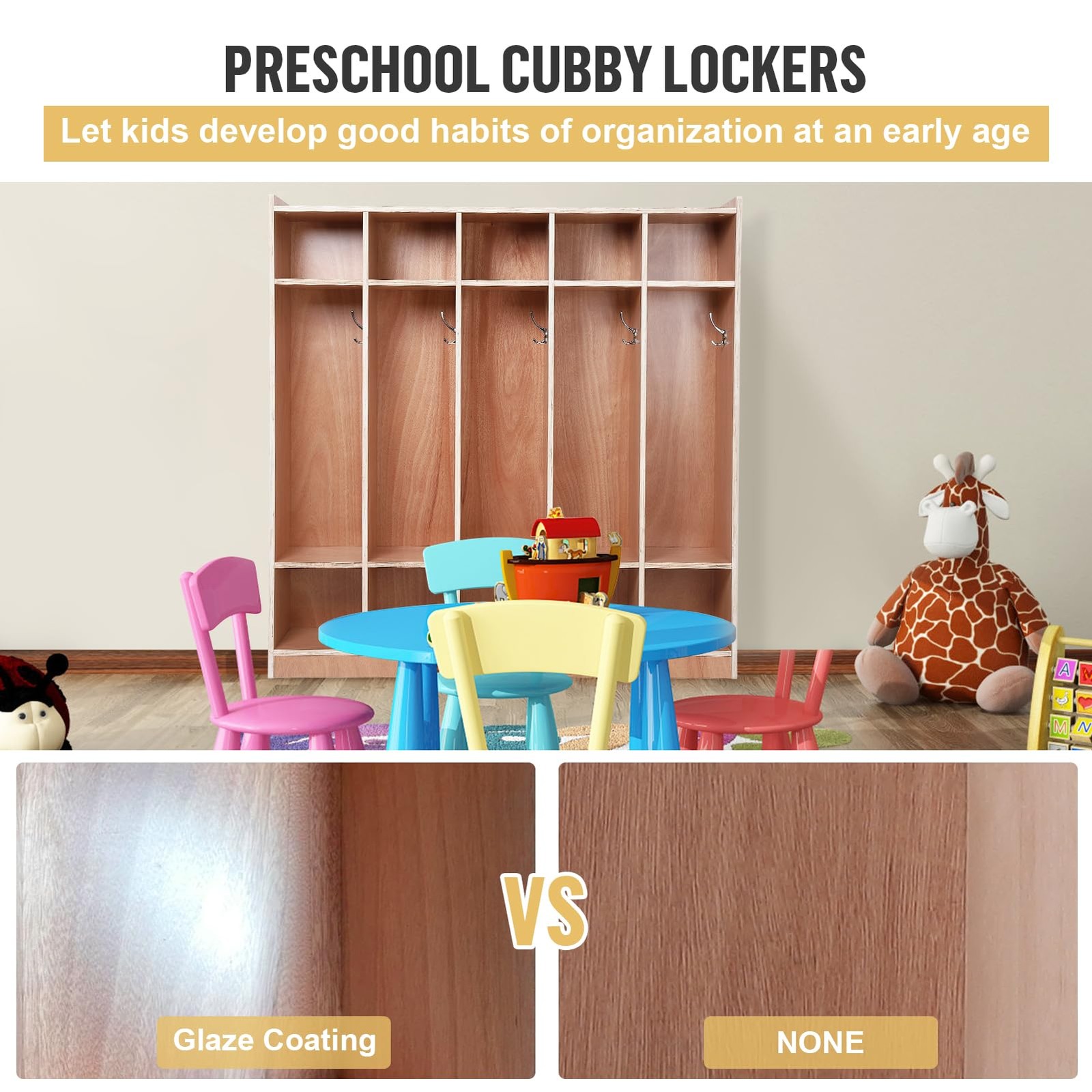 Daycare Cubby 5-Section 10 Cubbies with 4 Hidden Wheels 5 Hooks 2 Storage Boxes