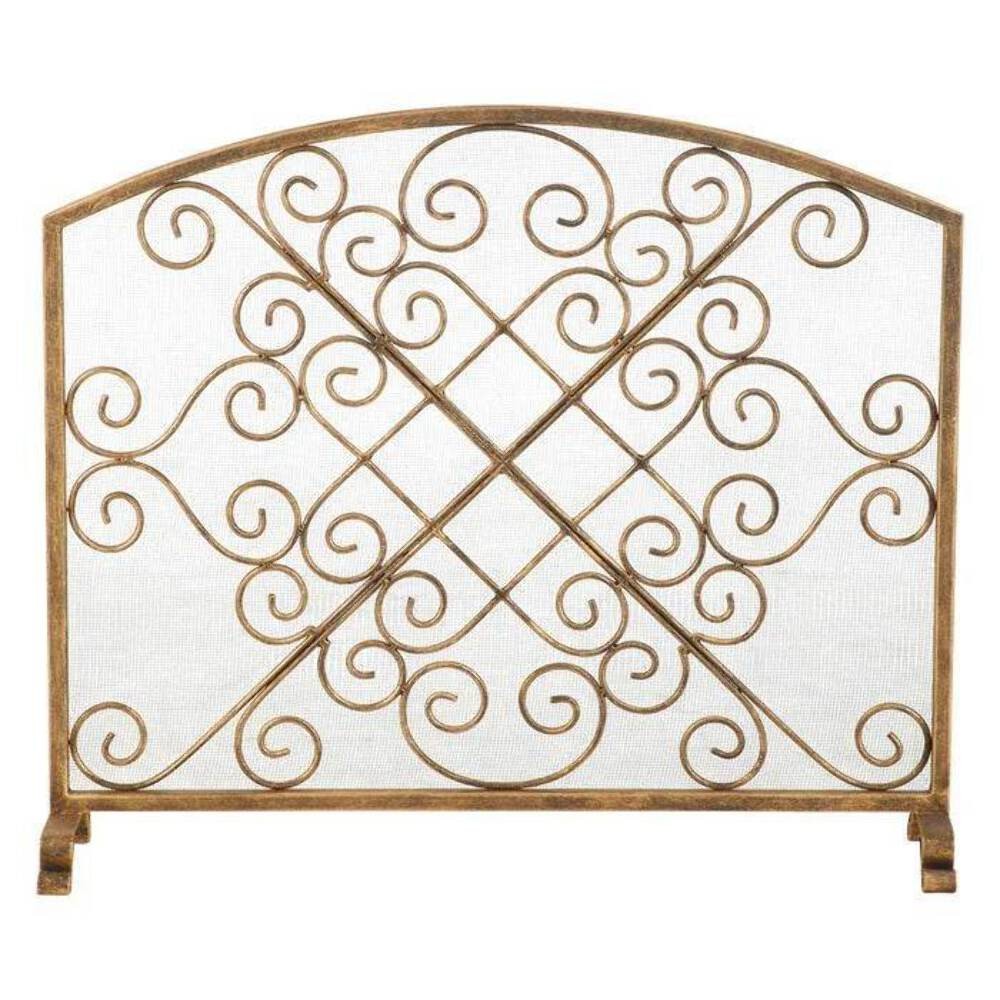 Single Panel Fireplace Screen in Dark Burnished Gold and Scroll Design