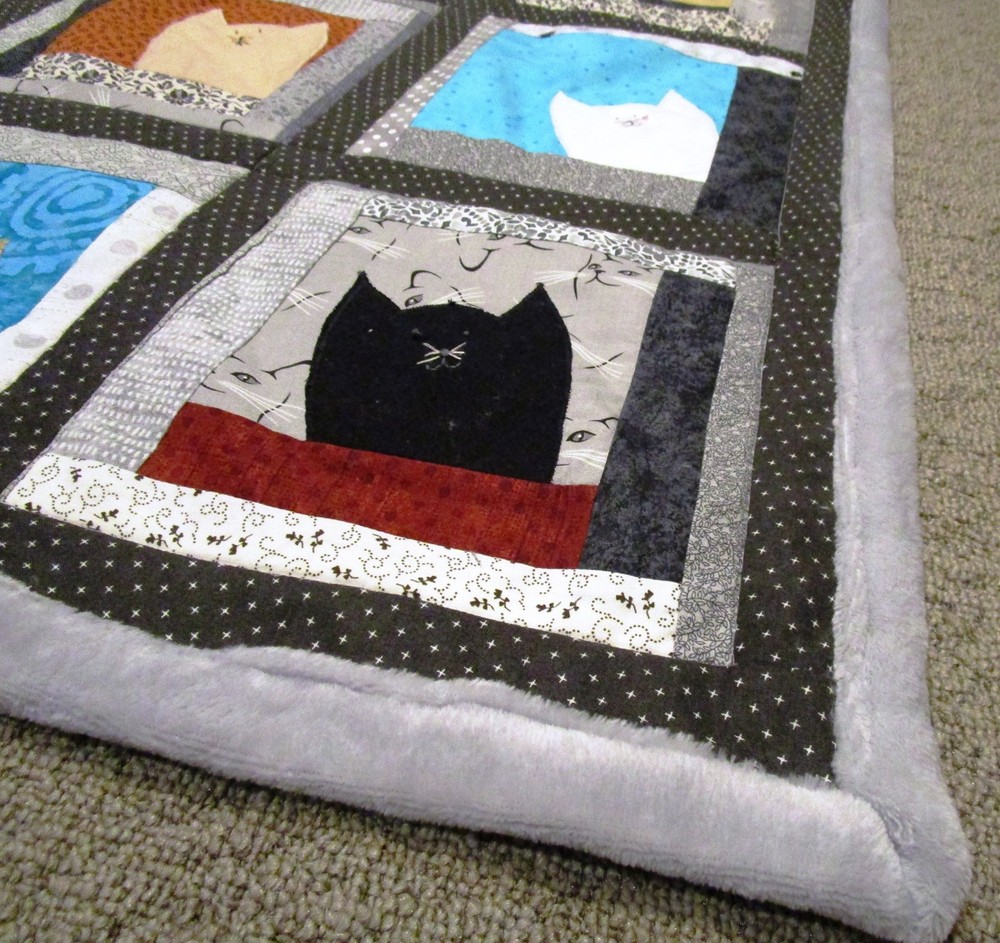New Handmade Kitty Cat Patchwork Quilt Hand Embroidered Machine Quilted Blanket
