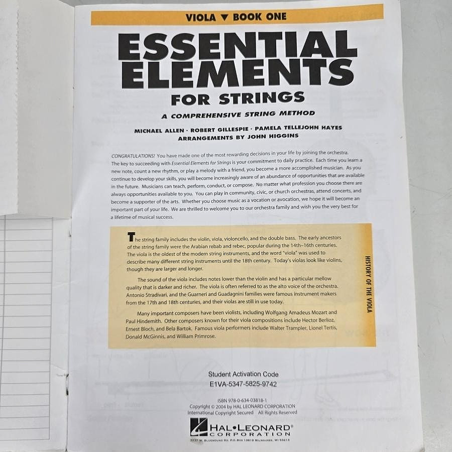 Essential Elements For Strings Viola Book 1 Hal Leonard Workbook 2002 Music
