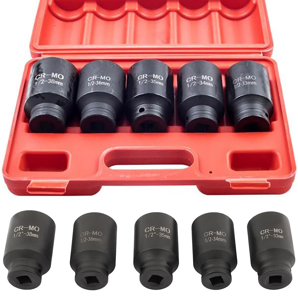 5Pcs 1/2" Drive Deep Impact Axle Hub Socket Set 6 Point 33mm 34mm 35mm 36mm 38mm