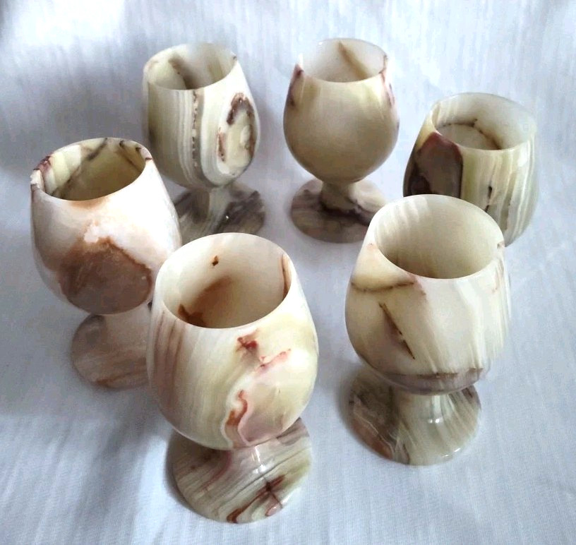 6 Polished Onyx Marble Stemmed Natural Stone 5" Wine Sherry Goblets Chalice Case