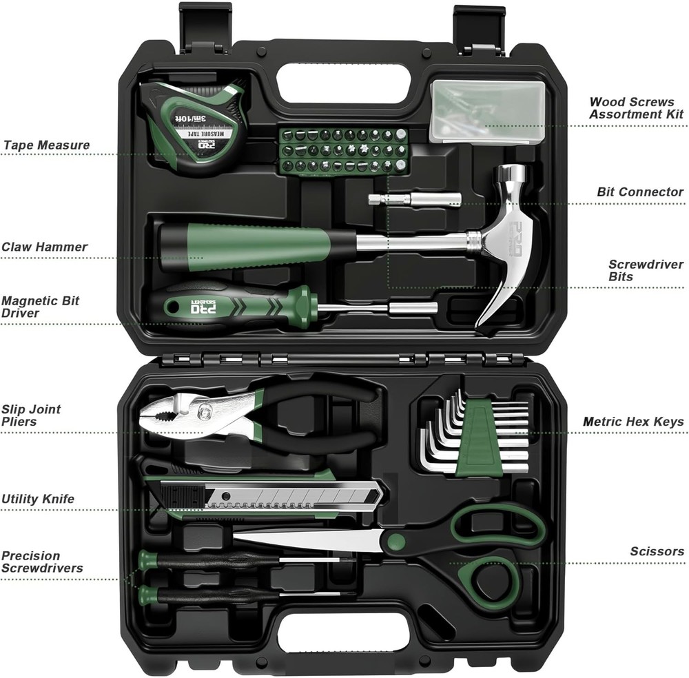 Tool Kit 93 Piece Basic Household Repair Set Green