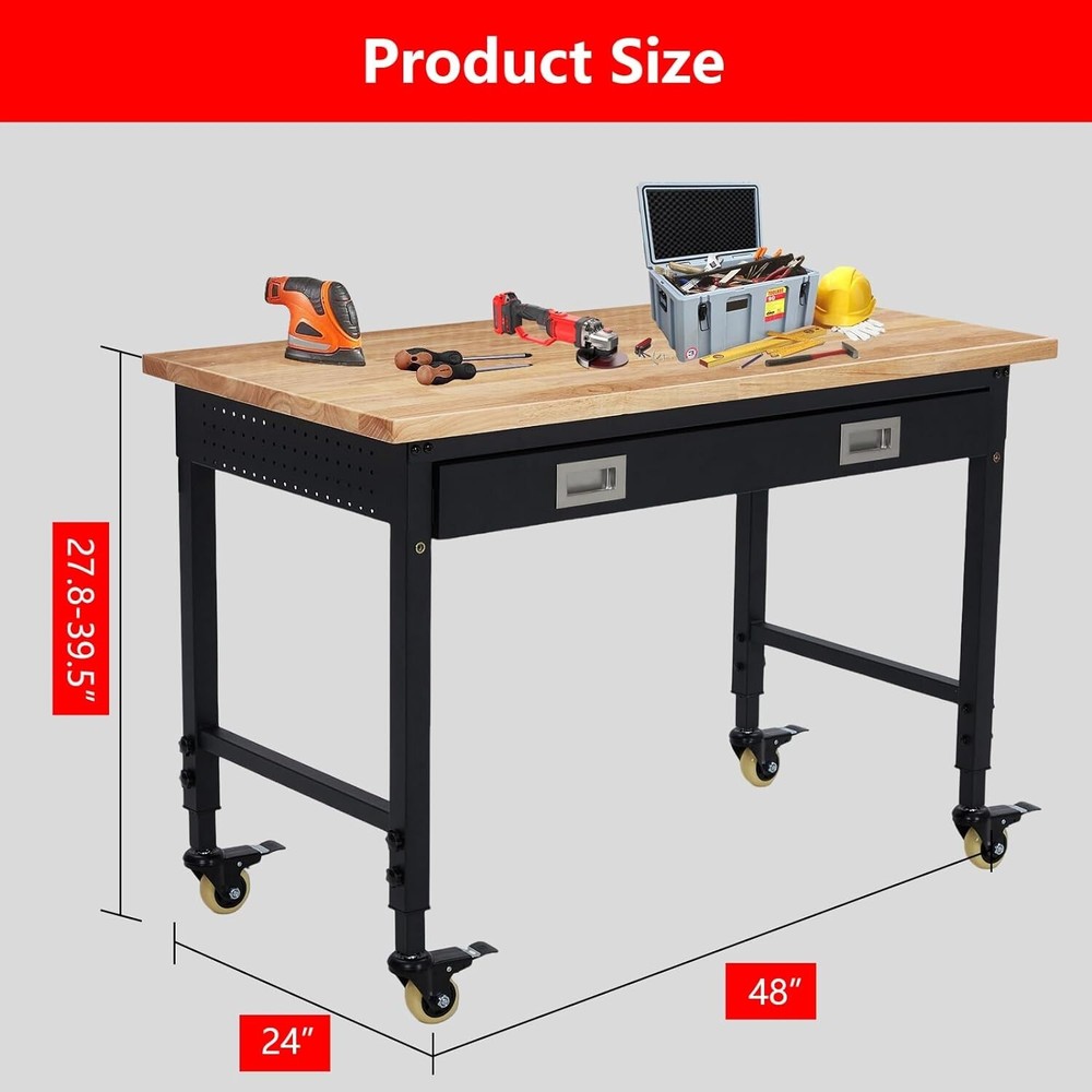 48" Adjustable Height Workbench 2000 LBS Workstation With 9.8FT Cable & Drawer