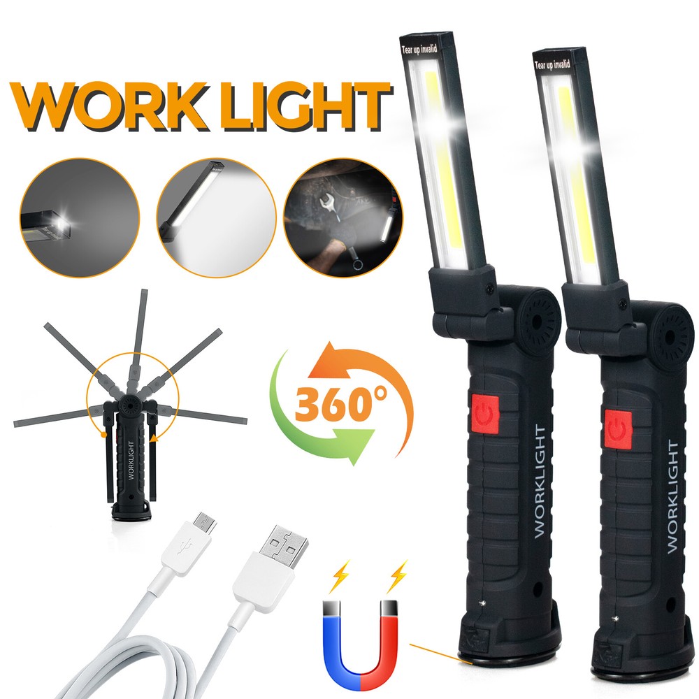 2 Pack Magnetic Base LED COB Work Light Rechargeable Mechanic Torch Flashlight