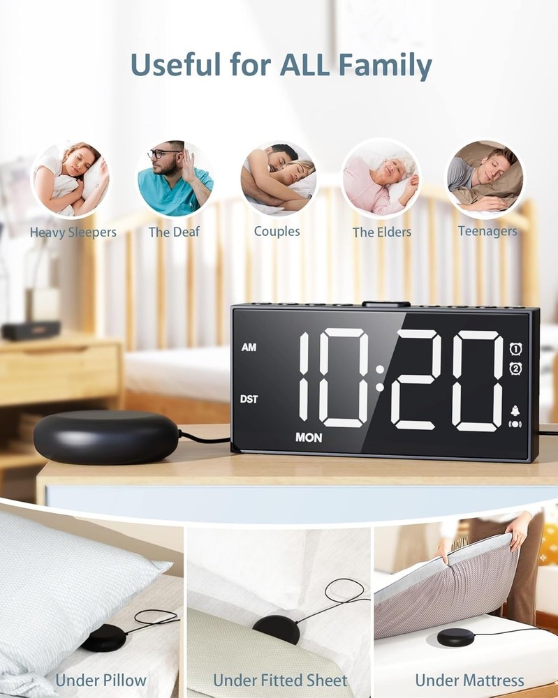 Battery Backup Alarm Clock with Vibrating Feature & USB Port for Convenience