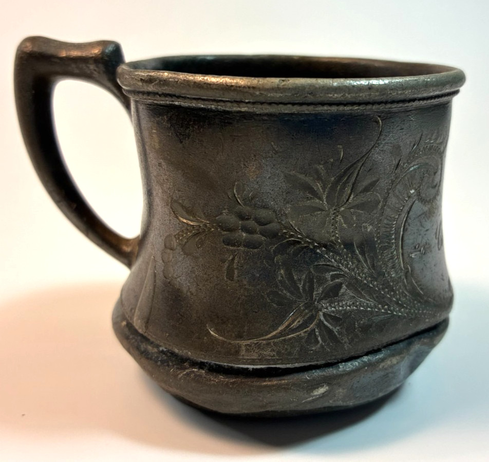 Vintage CHIQUITA GIRL BABY CUP Spanish Victorian Engraved Metal Silverplate READ