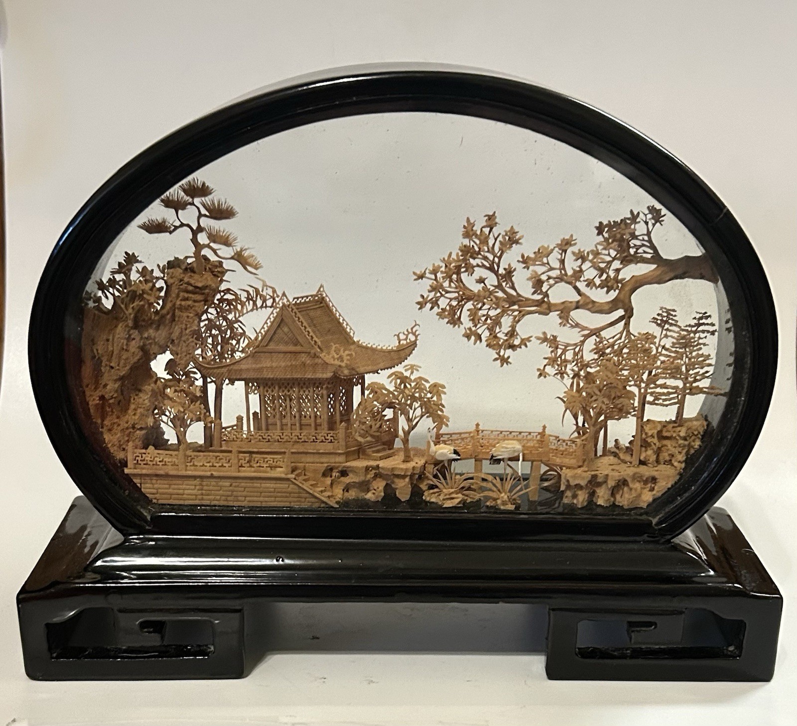 Vintage Chinese Cork Diorama Scenic Art in Glass Frame, Fujian China