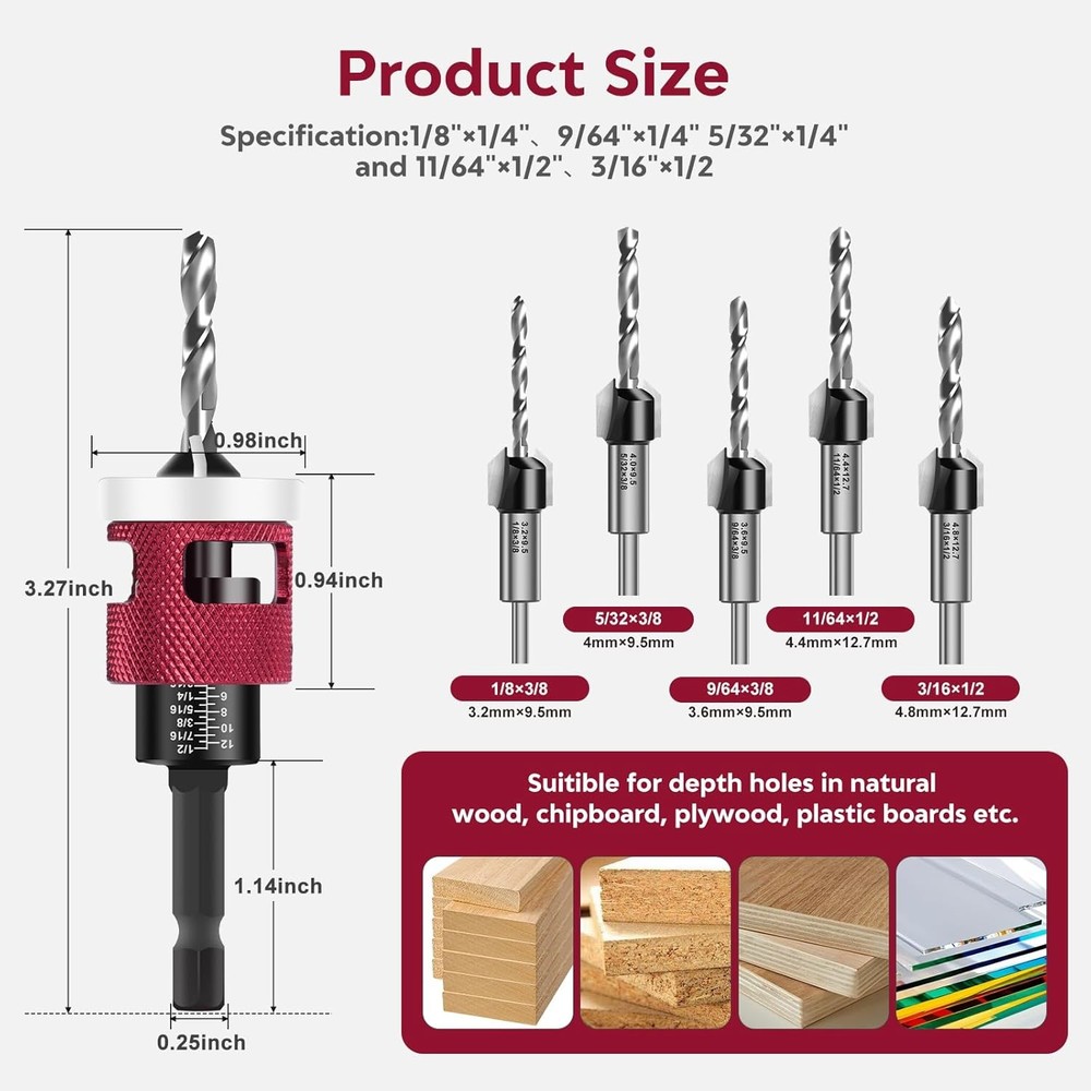 Countersink Drill Bit Set 7 PCS HSS Tapered Bits for Woodworking Projects