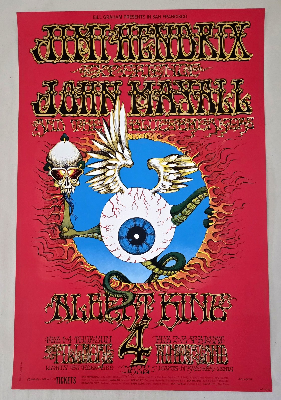 JIMI HENDRIX EXPERIENCE "Flying Eyeball" Poster 7th Printing Rick Griffin 14x21"