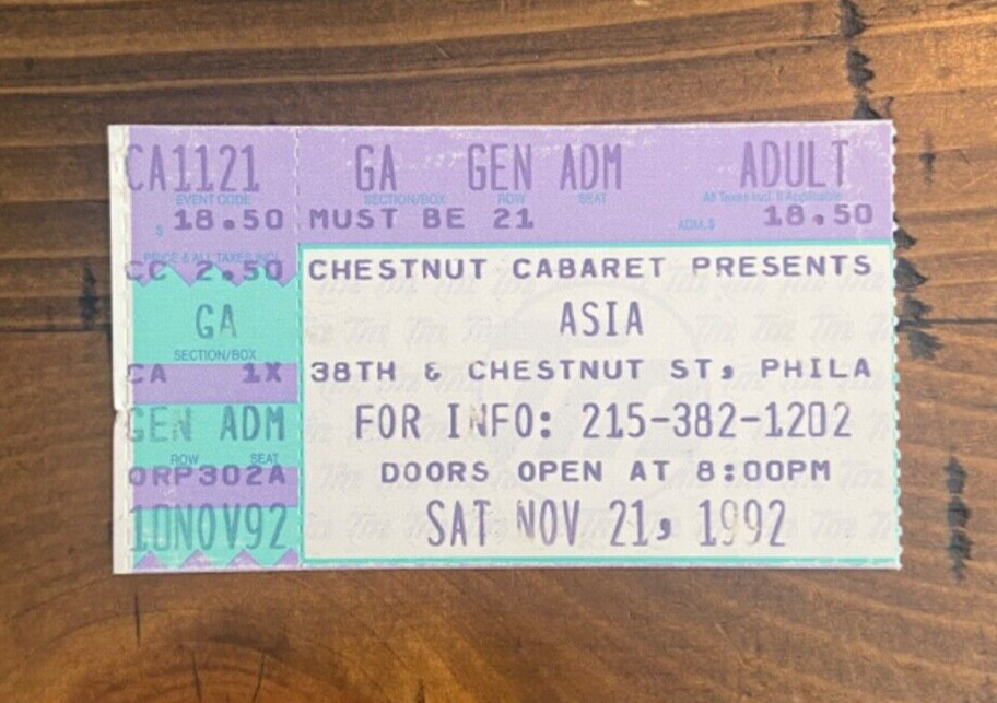 ASIA Ticket Stub Chestnut Cabaret Philadelphia PA 11-21-92  Live CD Record There