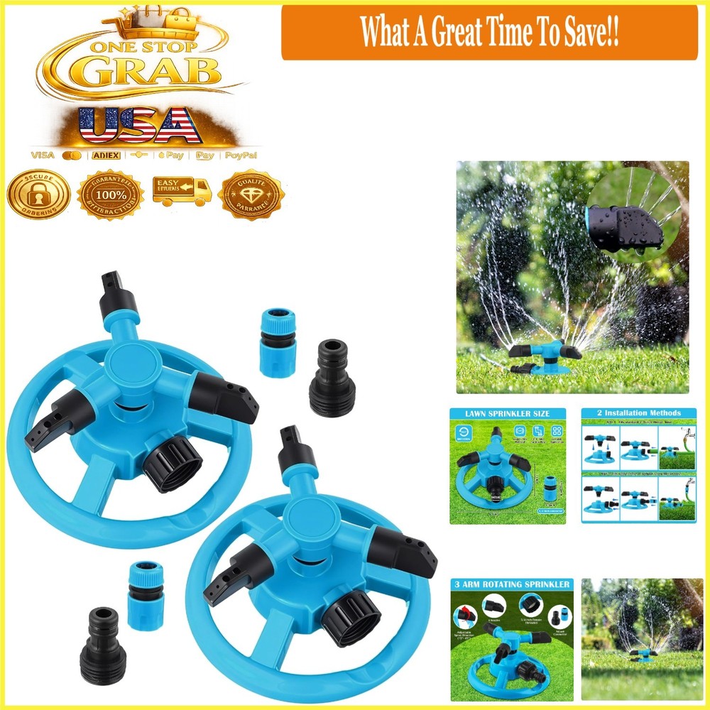2 Pack Garden Sprinklers 360° Rotating Lawn Watering System Adjustable Coverage