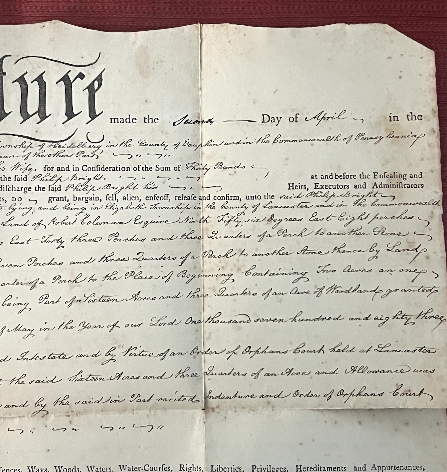 Orig. 1802 Property Deed, Elizabeth Township, Lancaster County, Pennsylvania PA
