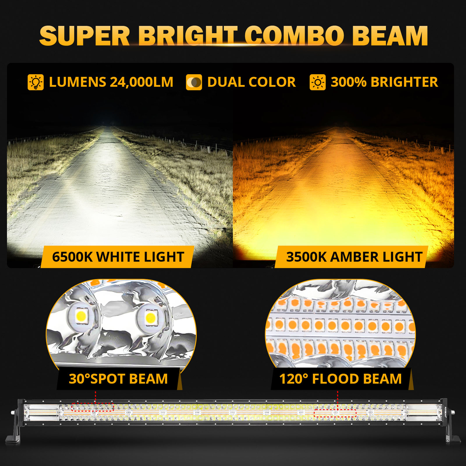 AUXBEAM 50"inch LED Light Bar 6 Modes Strobe Light Amber White for Jeep Wrangler