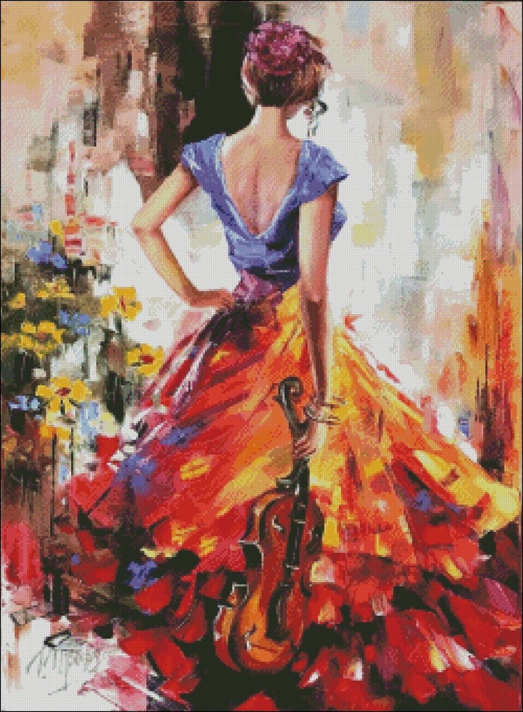 Violinist - DIY Chart Counted Cross Stitch Patterns Needlework DMC Color 14 ct