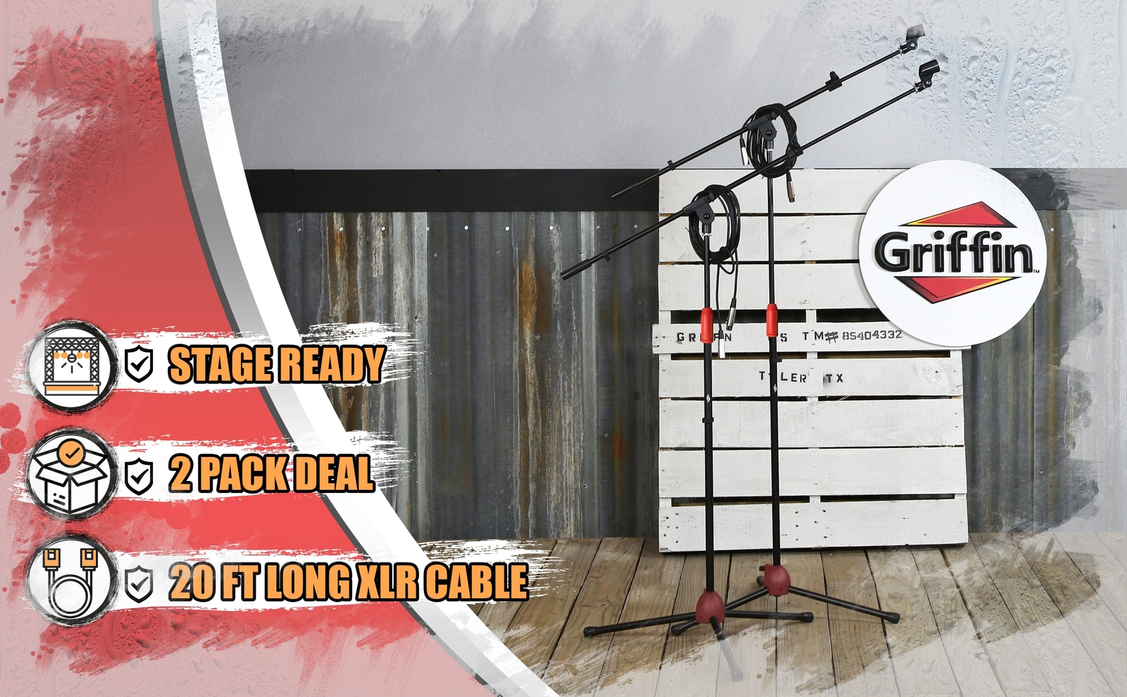 GRIFFIN Microphone Boom Arm Stand 2-PACK Holder XLR Cable Mic Clip Studio Stage