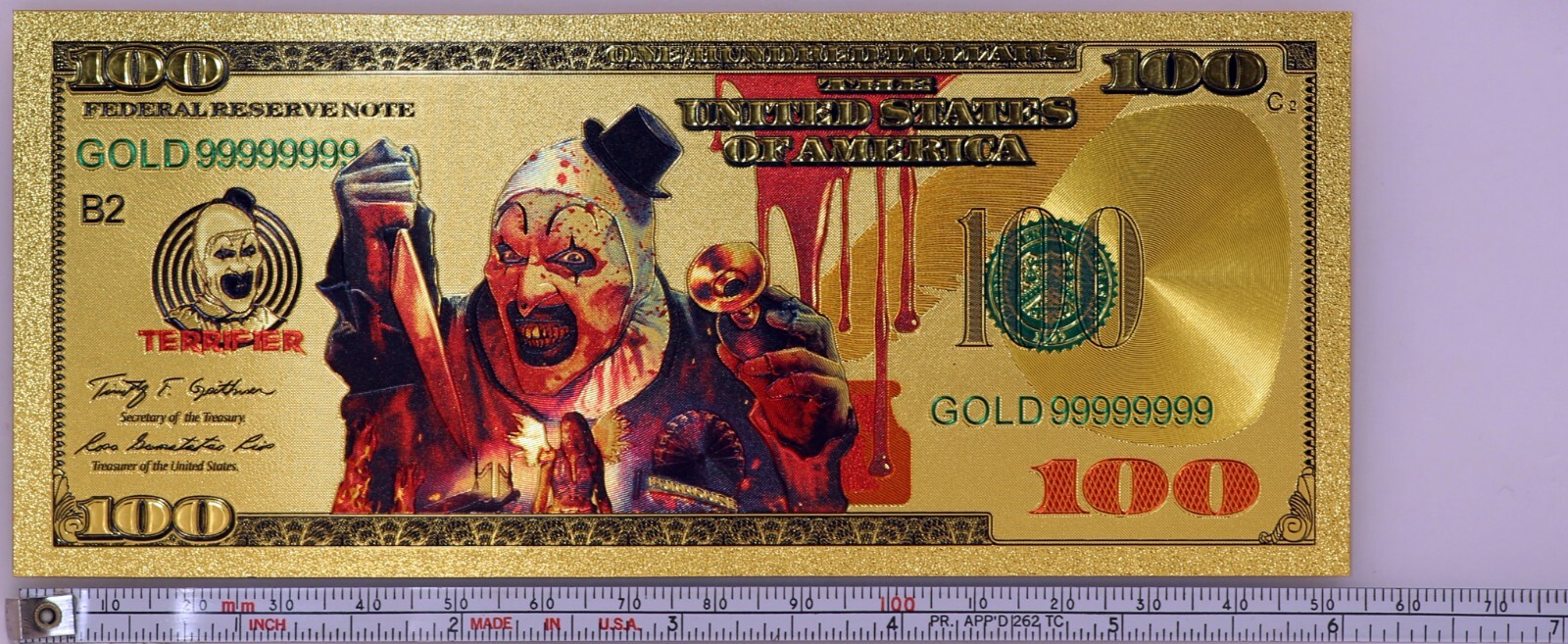 Art The Clown $100 Terrifier Full Color Note Novelty 24K Gold Plated Bill XX037