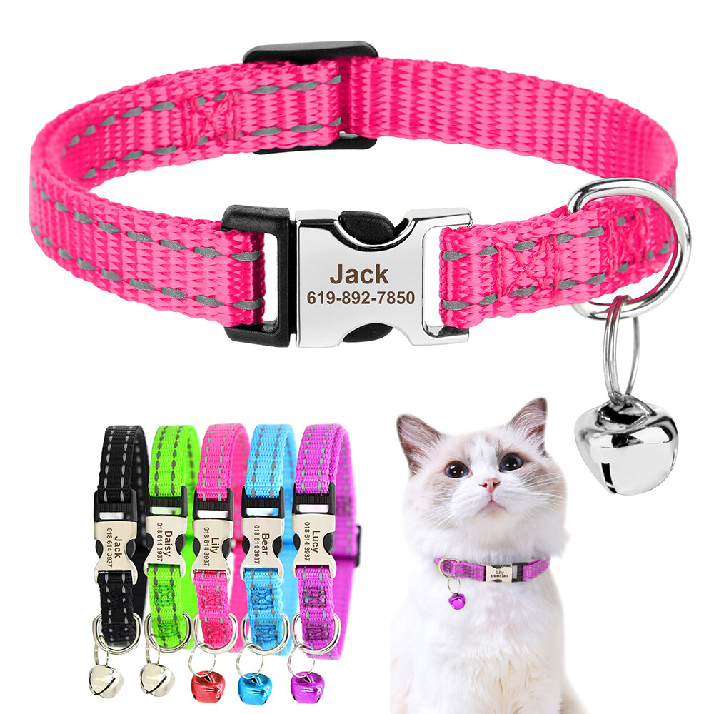 Personalized Cat Collar Reflective with Bell Custom Engraved with Name and Phone