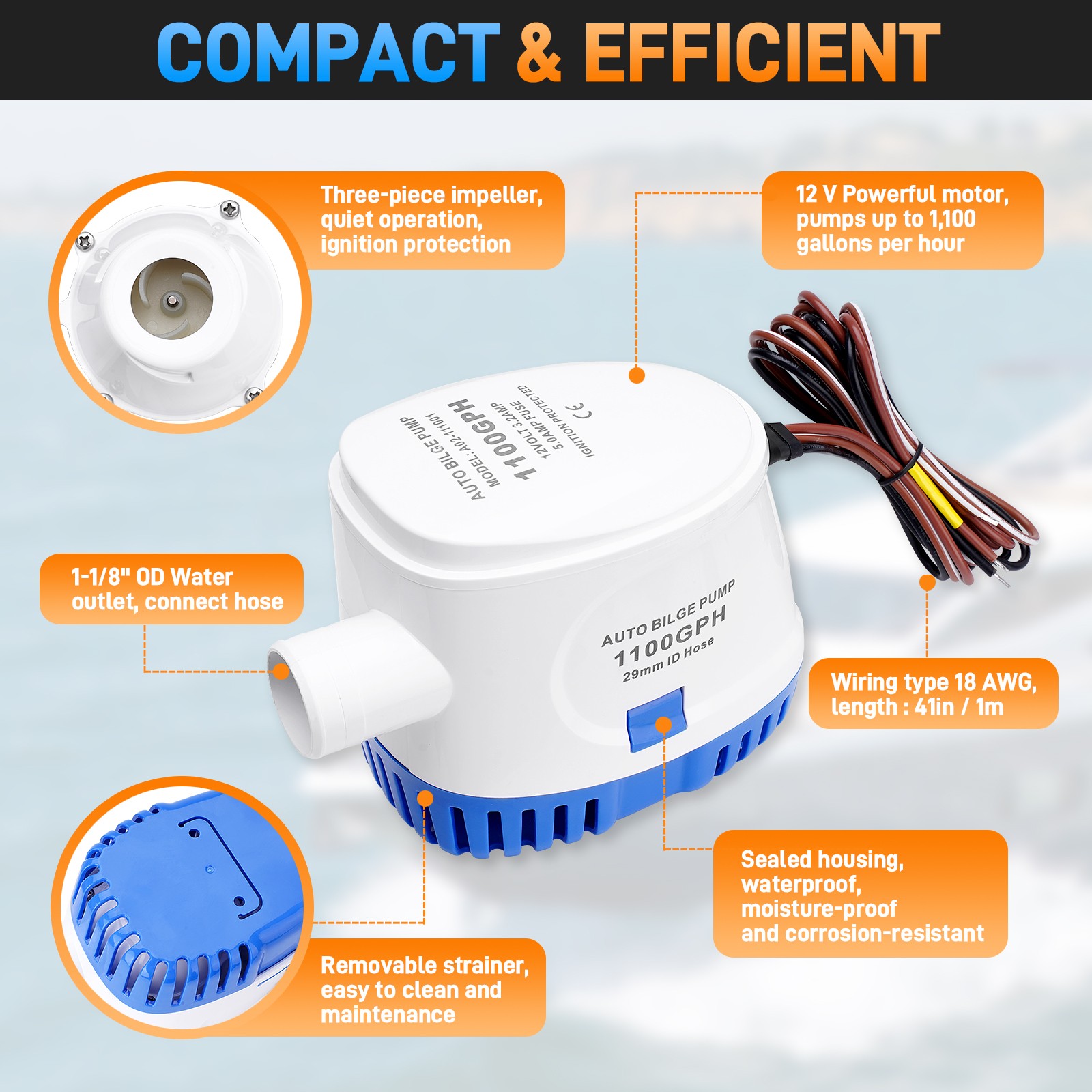 12V 1100GPH Automatic Submersible Boat Bilge Water Pump With Auto Float Switch