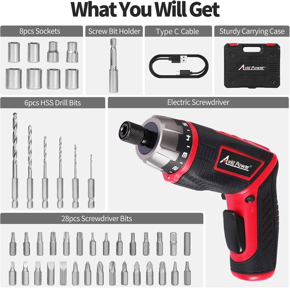 Efficient 4V Rechargeable Cordless Screwdriver with 44 Accessories & LED Light