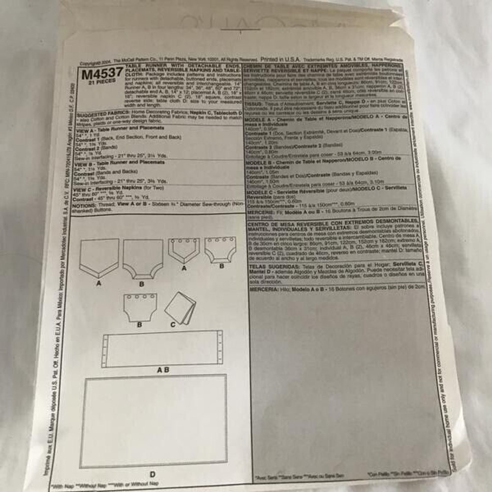 #M4537 McCalls home decor runner placematts valance sewing pattern