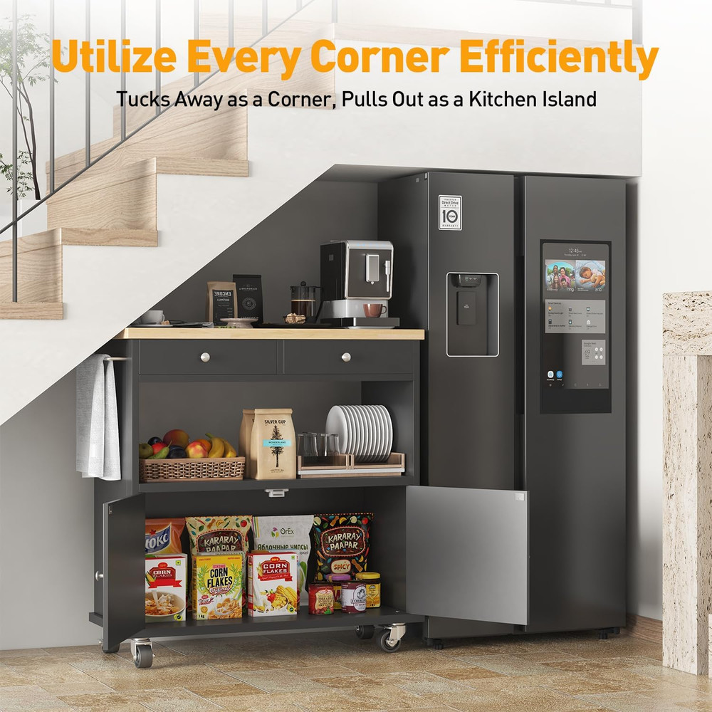Portable Rolling Kitchen Island with Storage, 2 Drawers & Lockable Wheels