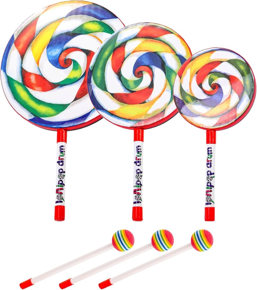 3-Piece Rainbow Lollipop Drum Set with Mallets - Fun Percussion Instruments