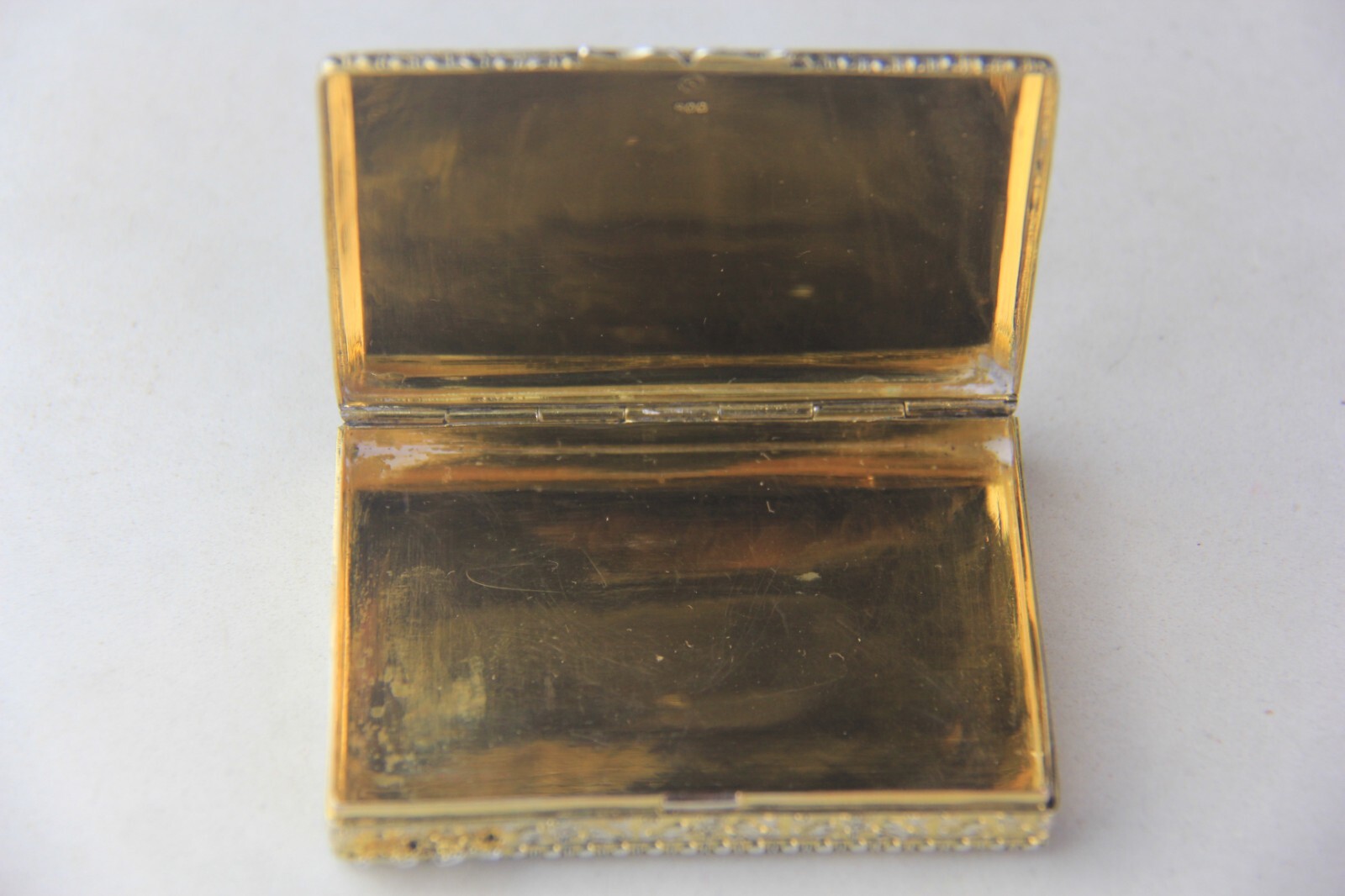 German Parcel Gilt 800 Silver & Enameled Rectangular Snuff Box w/ Courting Scene