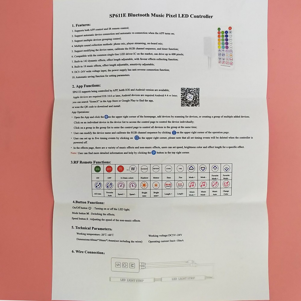SP611E Bluetooth Music APP Controller IR Remote for Addressable LED Pixel Light