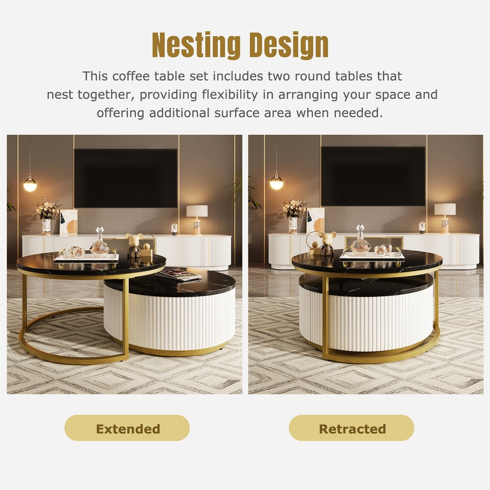 Modern Round Nesting Coffee Table Center Cocktail Table End Table with Drawers
