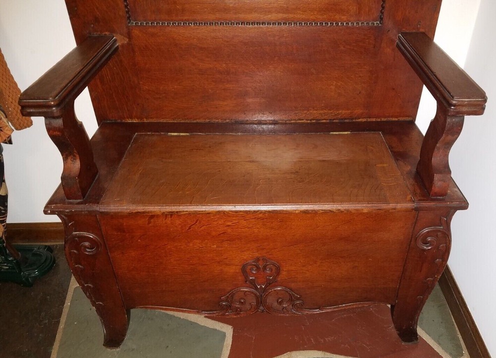 Antique Hall Tree with Hooks and Underseat Storage