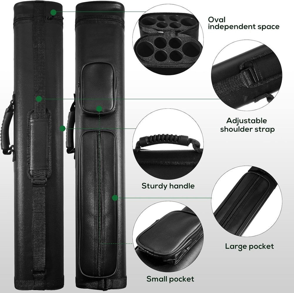 Durable PU Leather Oval Billiard Cue Case with Adjustable Strap & 2 Chalk Cubes