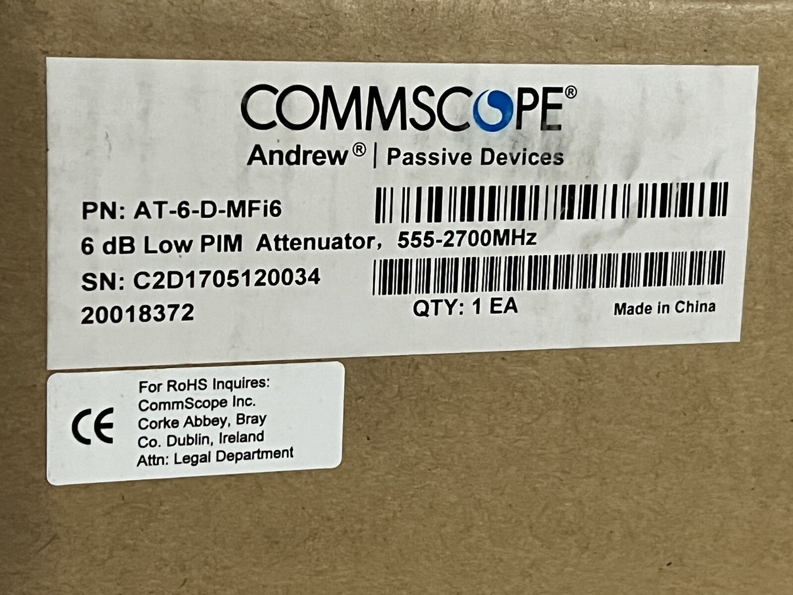 Commscope Andrew Passive Device AT-6-N-MFI6 6 dB Low PIM Attenuator 555–2700 MHz