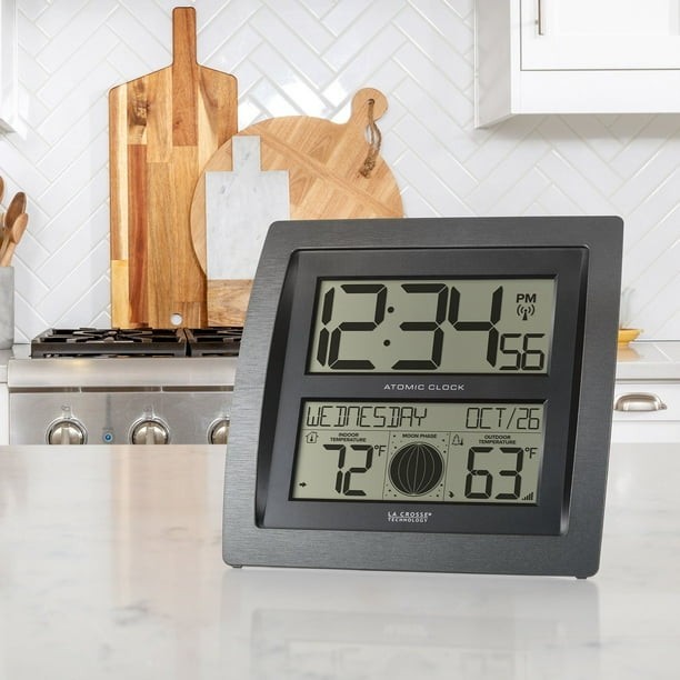 La Crosse Technology Digital Atomic Wall Clock–Indoor/Outdoor Temp & Moon Phase