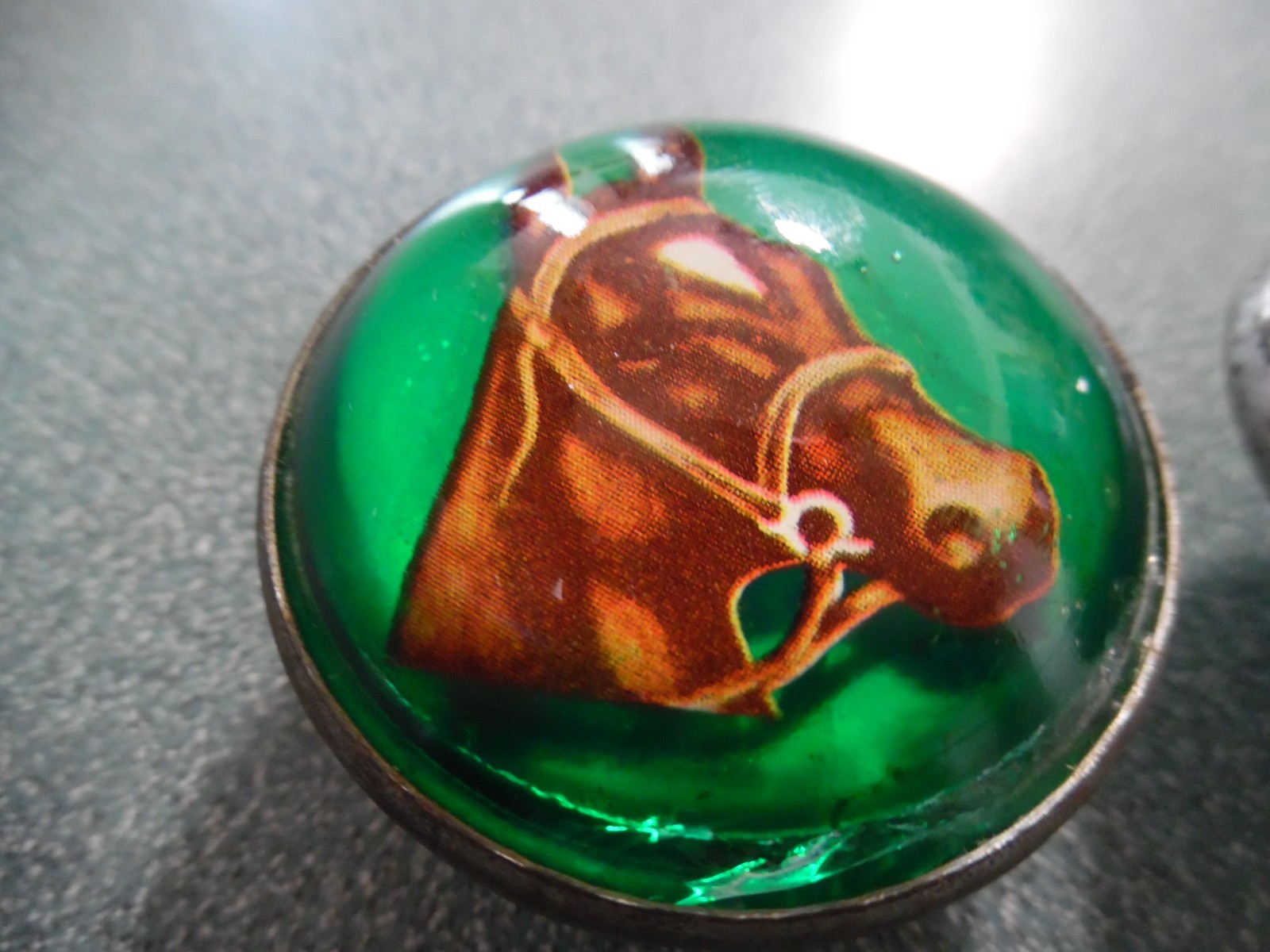 Vintage Pair Bridle Rosettes H.A. Chapman Horse Head Domed Green Glass 1960s