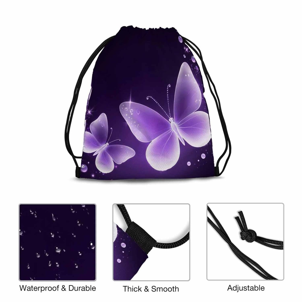Two Butterfly Big Small Bubbles Bright Star Purple Background Drawstring Back...