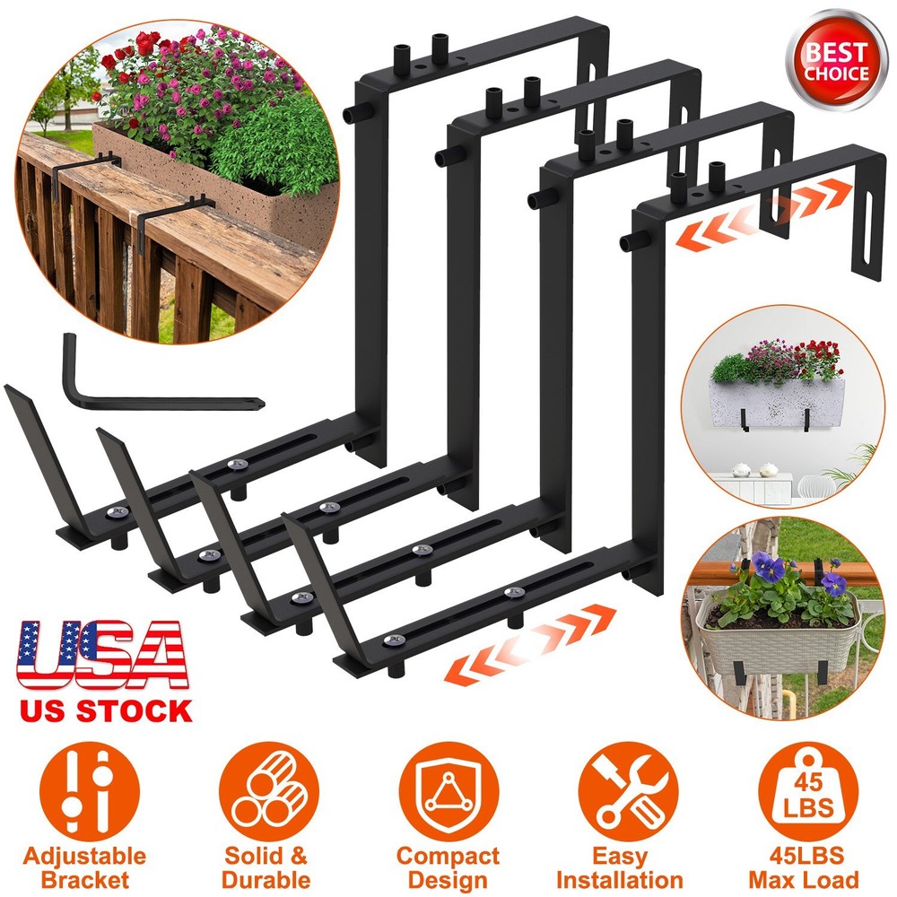 New 4Pcs Adjustable Planter Box Brackets for No-Drill Window & Railing Mounts