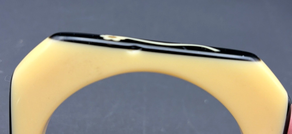 Bakelite Ivory & Black Carved Flowers Octagonal Bangle Bracelet Untested