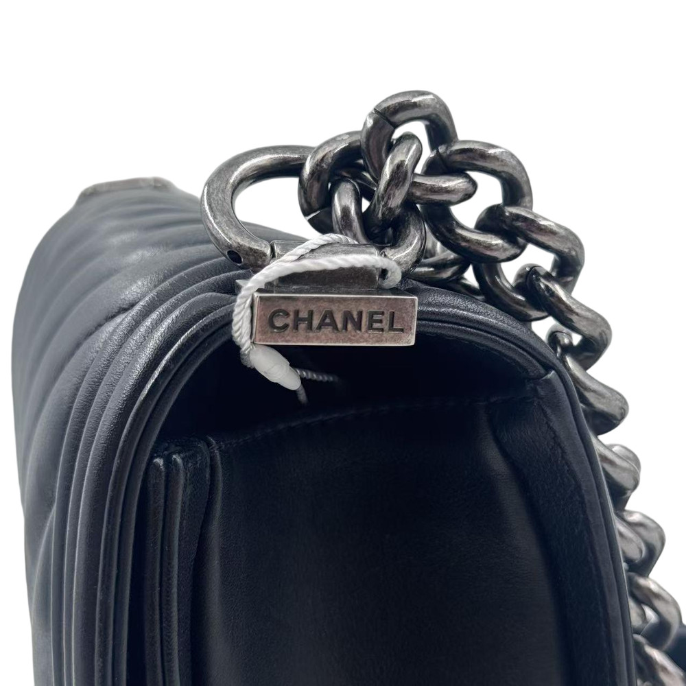 Chanel Leboy V Pattern Black Silver Chain Shoulder Bag Calfskin Leather Medium